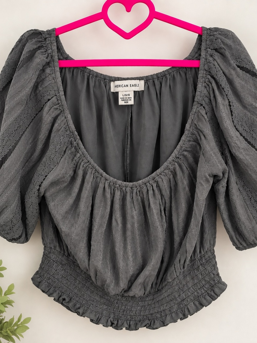 American Eagle Gray Puff Sleeve Smocked Blouse Size L